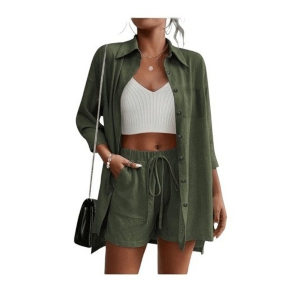 Zeagoo Boyfriend Button Down Shirt Olive Green Cotton Knit 3/4 Sleeve Oversized